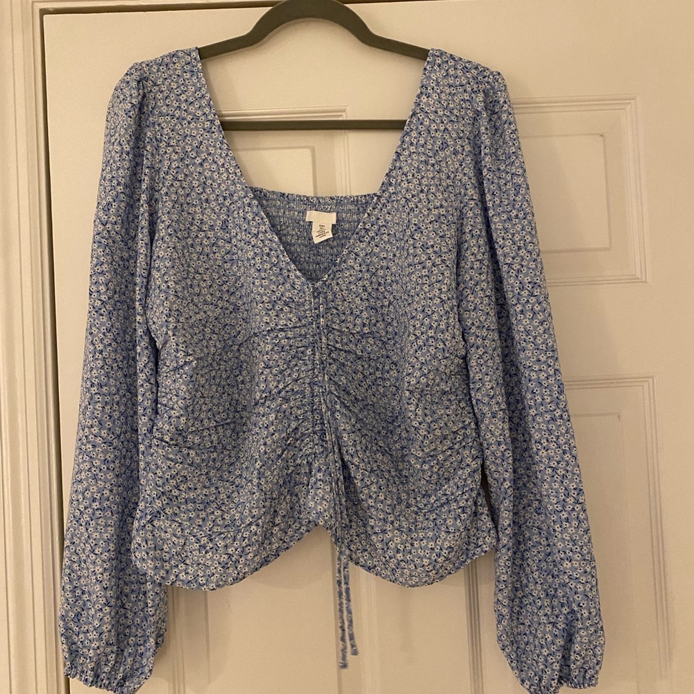 H&M Blue Floral Puff Sleeve Peasant Blouse Size Large
